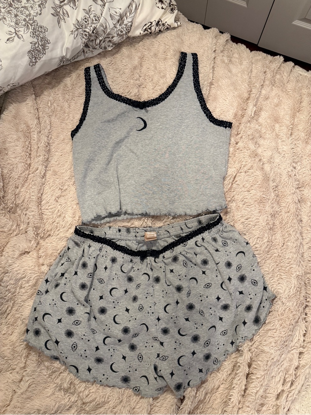 Women's Grey Gothic Celestial Sun Moon Eye Print Crop Tank & Shorts Sleep Set